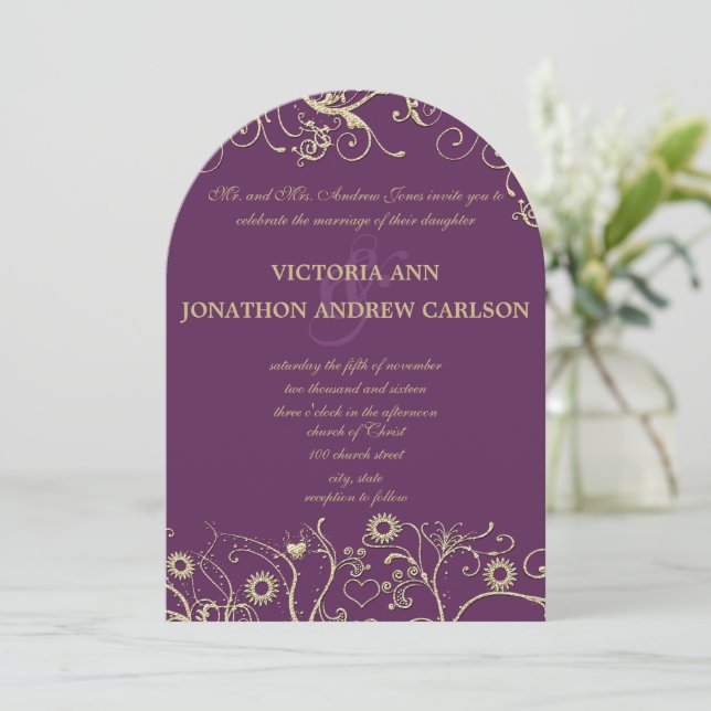 Invitation Elégant Gold Swirls Purple ou toute couleur (Debout devant)