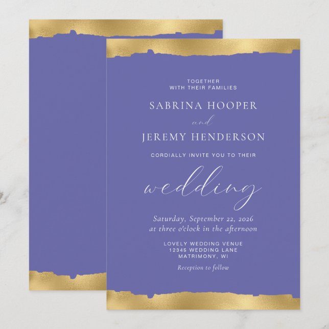 Invitation Elégant Gold Torn Edge Very Peri Mariage (Devant / Derrière)