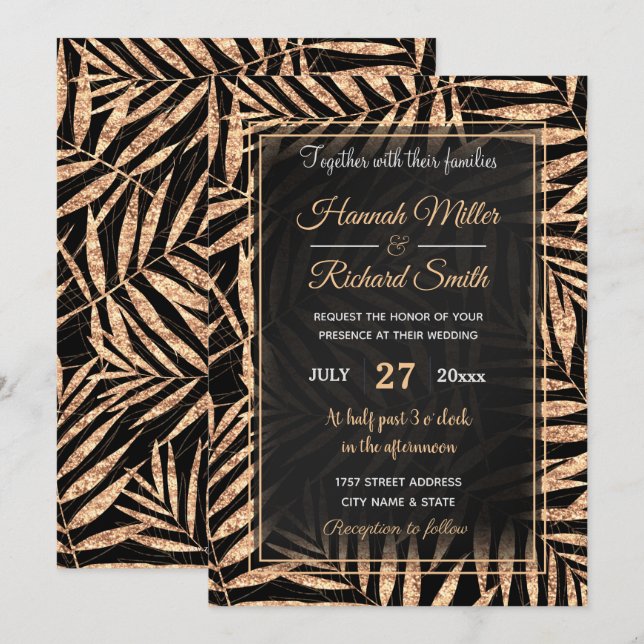 Invitation Elégant Gold Tropical Palm Feuille Black Design (Devant / Derrière)