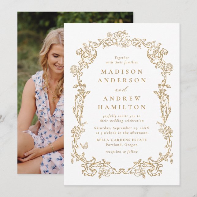 Invitation Elegant Gold Victorian Floral Photo Wedding (Devant / Derrière)