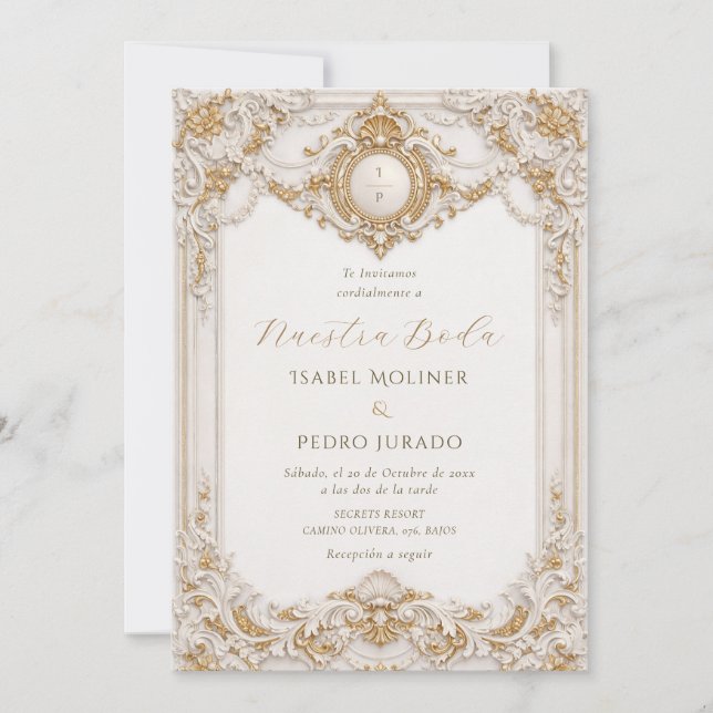 Invitation Elegant Gold & White Baroque Nuestra Boda Wedding (Devant)