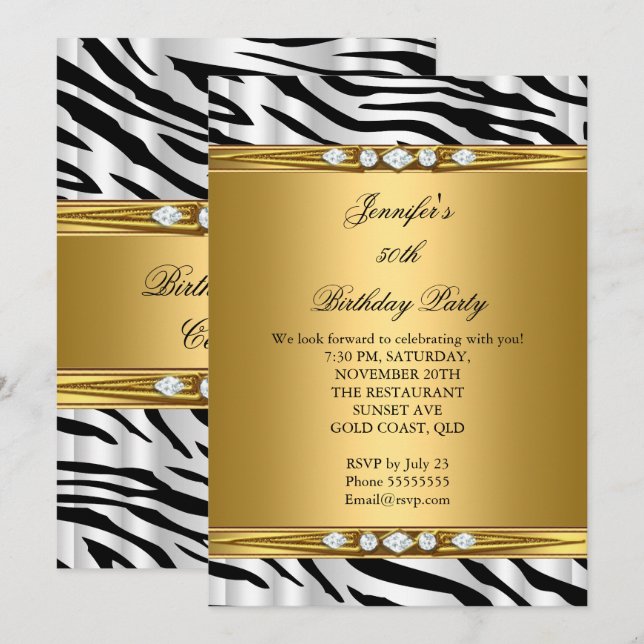 Invitation Elégant Gold Zebra Black Silver Diamond Anniversai (Devant / Derrière)