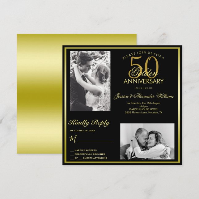 Invitation Elégant Golden 50th Mariage Anniversaire Photo (Devant / Derrière)