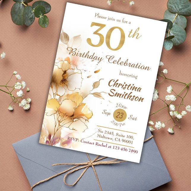 Invitation Elégant Golden Floral Sparkle moderne 30e annivers (Créateur téléchargé)