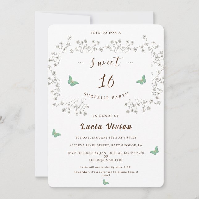 Invitation Elégant Golden Floral Sweet 16 Surprise Party (Devant)