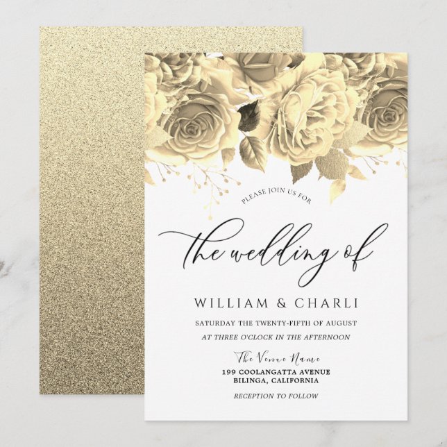 Invitation Elégant Golden Flowers All Seasons Mariage (Devant / Derrière)