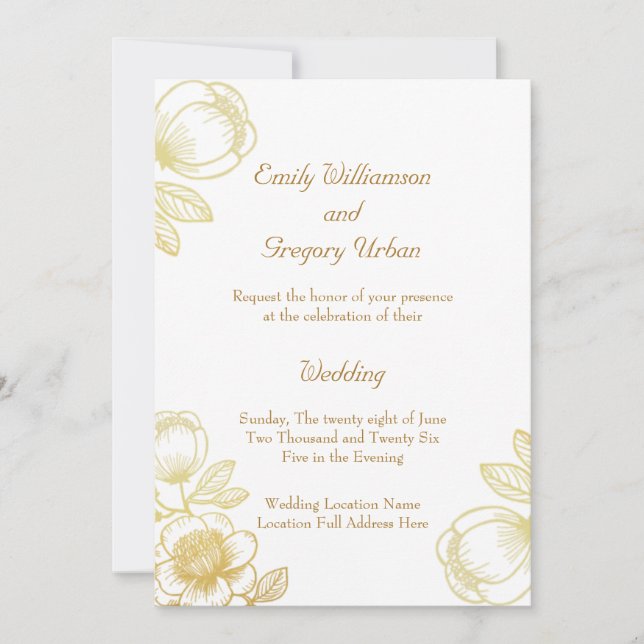 Invitation Elegant Golden Flowers Wedding (Devant)