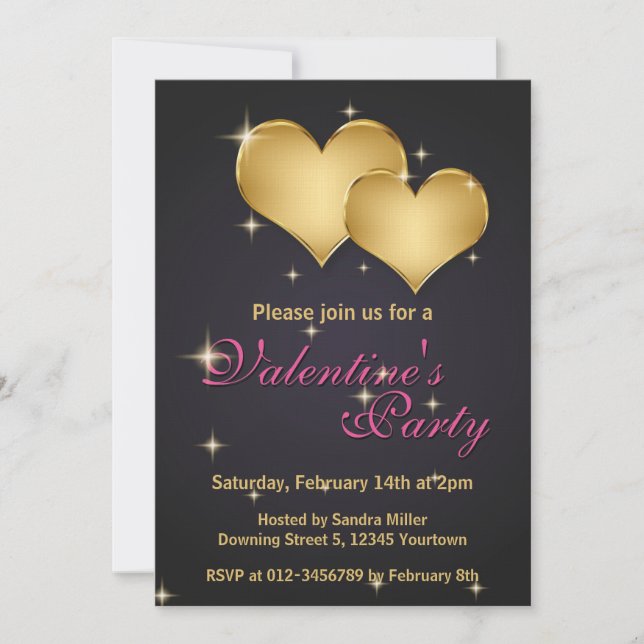 Invitation Elégant Golden Hearts Nom - Saint-Valentin (Devant)