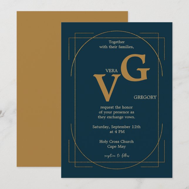 Invitation Elégant Golden Lines Moderne Luxueux Mariage (Devant / Derrière)