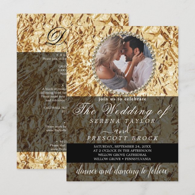 Invitation Elégant Golden Photo Calligraphy Mariage Invitatia (Devant / Derrière)