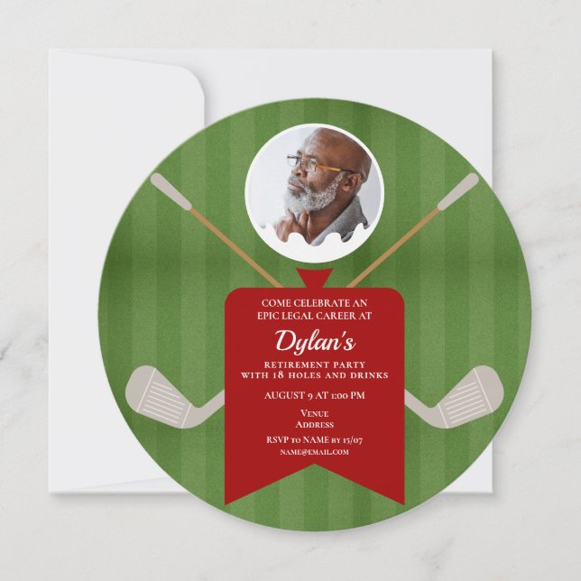 Invitation Elégant Golf Green Red Photo Retraite Party (Devant)