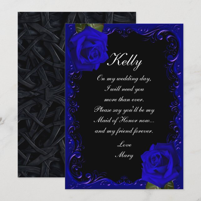 Invitation Élégant Goth Bleu Roses Maid Of Honor (Devant / Derrière)