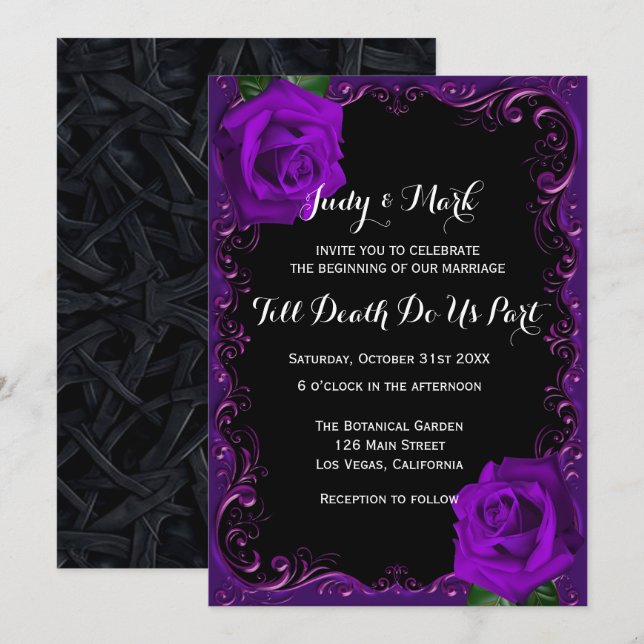 Invitation Élégant Goth Purple Rose Mariage (Devant / Derrière)