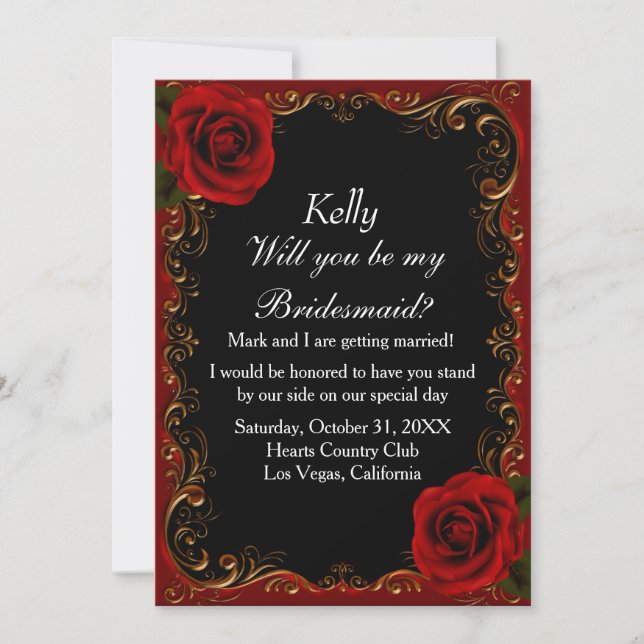 Invitation Élégant Goth Red Roses Bridesmaid (Devant)
