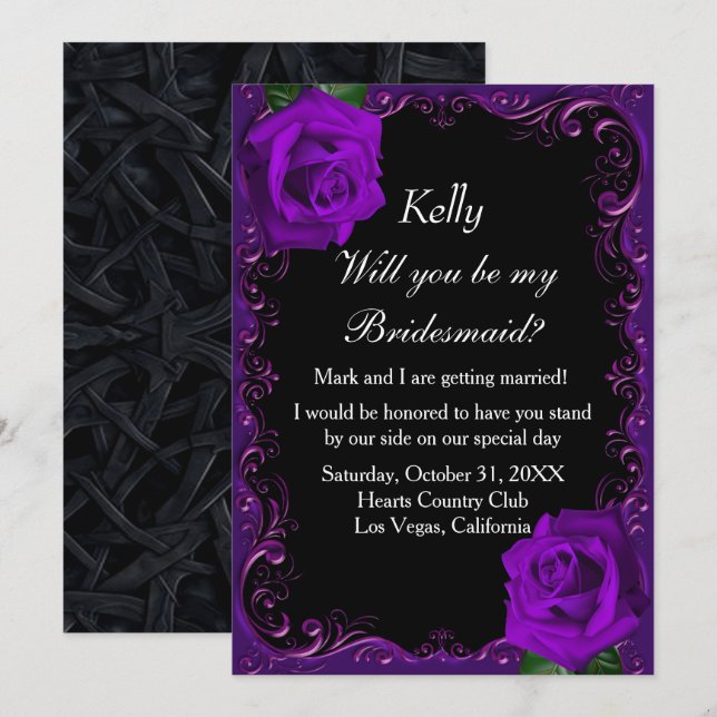 Invitation Élégant Goth violet Roses Bridesmaid (Devant / Derrière)