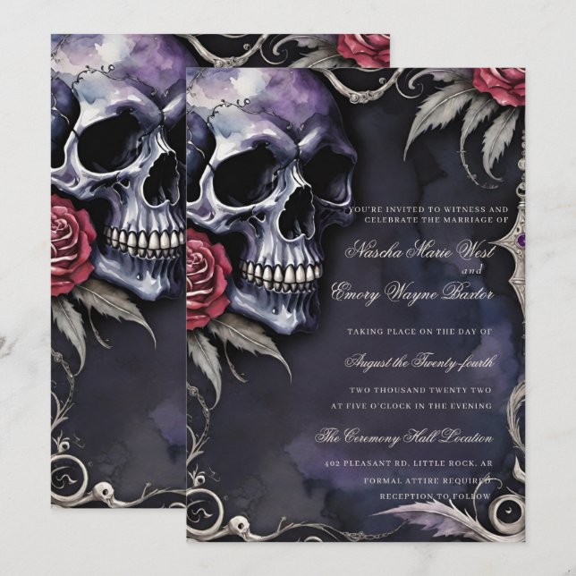 Invitation Elegant Gothic Skull & Red Roses Wedding (Devant / Derrière)