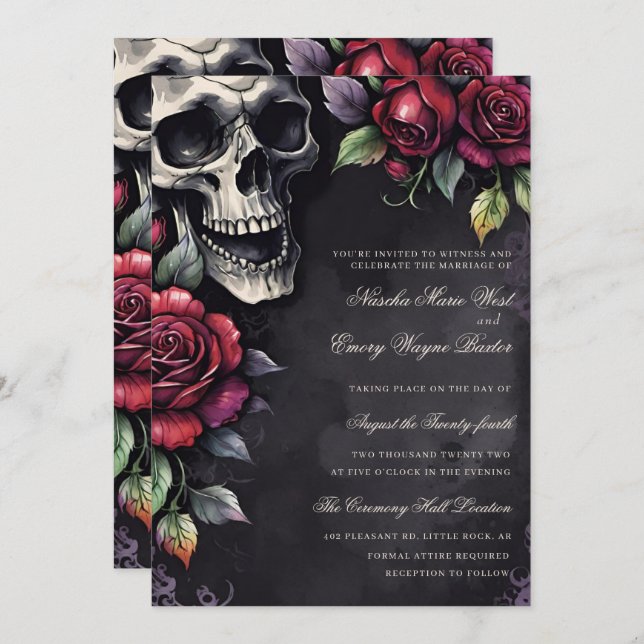 Invitation Elegant Gothic Skull & Roses Wedding (Devant / Derrière)