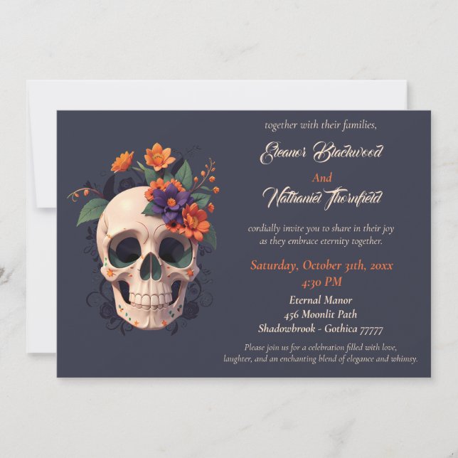 Invitation Élégant gothique 3D Mariage crâne floral (Devant)