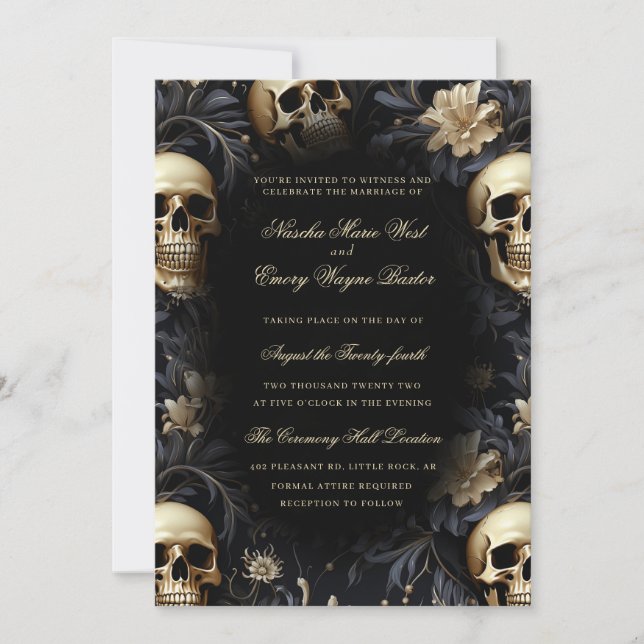 Invitation Elégant Gothique Mariage de crânes et fleurs d'or (Devant)