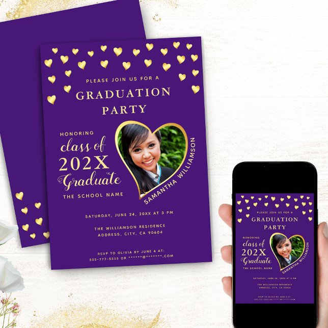 Invitation Elégant Grad Photo Purple et Gold Graduation (Choose your format among these options: Printed; Printed + Instant Download; Instant Download)