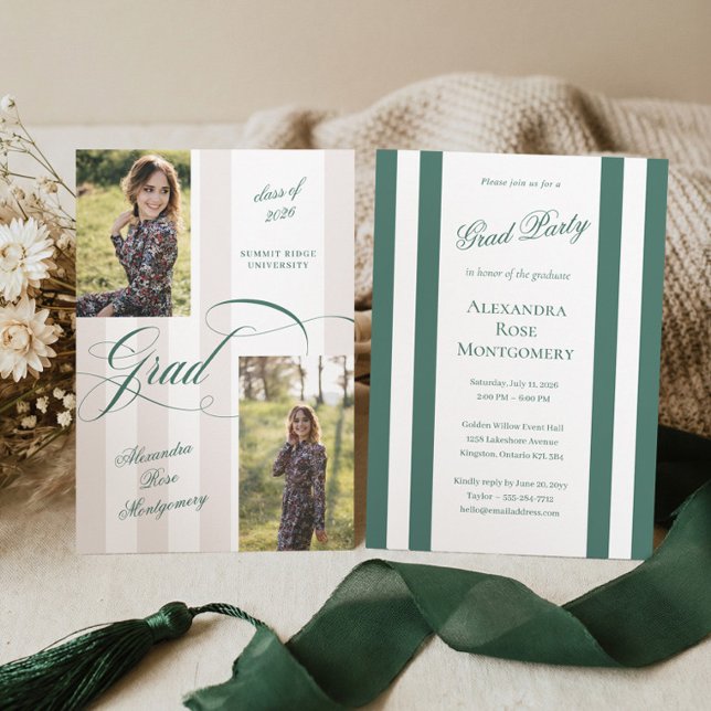 Invitation Elegant Grad Script French Stripe Photo Graduation (Elegant Grad Script French Stripe Photo Graduation Invitation)