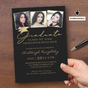 Invitation Élégant Graduation 3 Photos Script Casquette Black