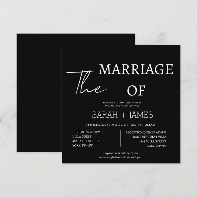 Invitation Élégant Gras Classic Noir & Blanc Mariage Carré (Devant / Derrière)