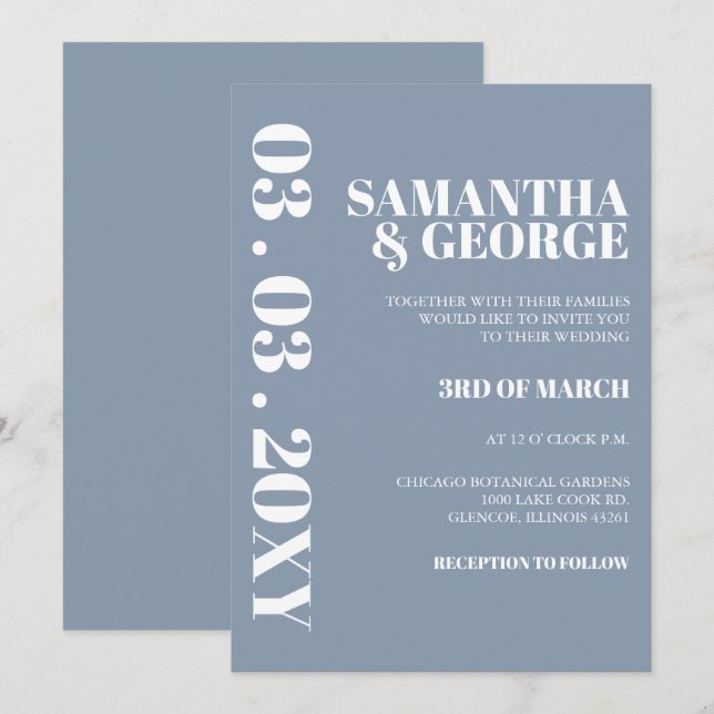 Invitation Élégant Gras Dusty Bleu Mariage moderne (Devant / Derrière)