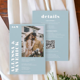 Invitation Élégant Gras simple blanc glace bleu mariage photo