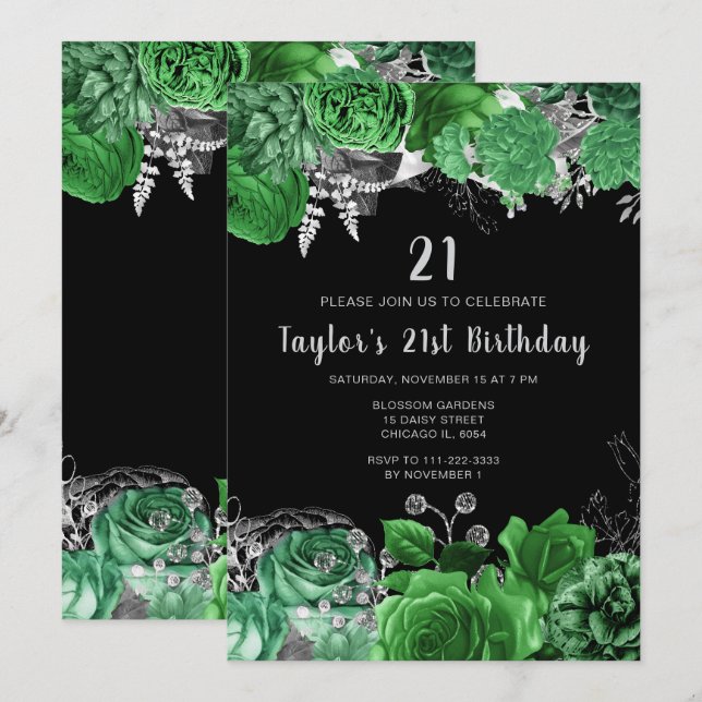 Invitation Elegant Green and Silver Flowers Birthday Party (Devant / Derrière)