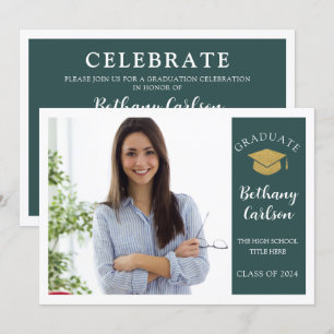 Invitation Elégant Green et Gold Photo Graduation Party