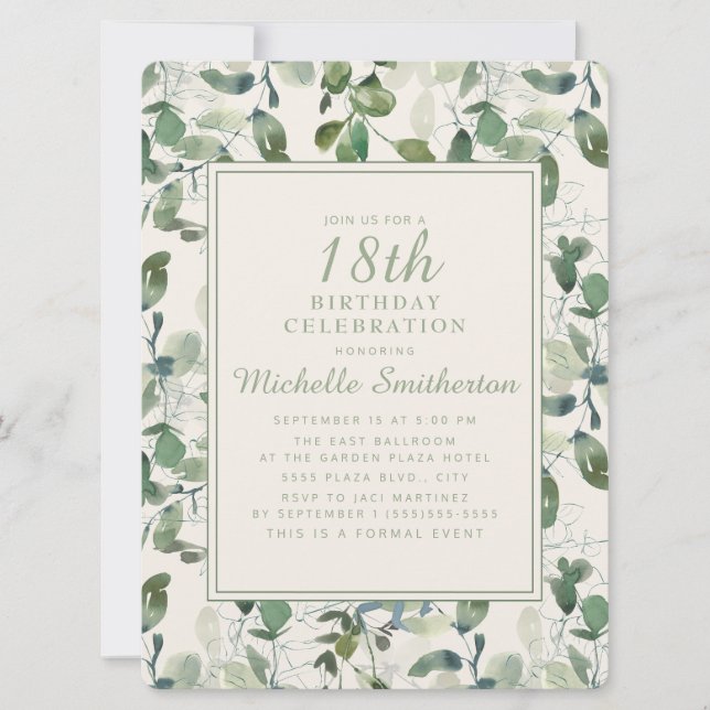 Invitation Elégant Green Eucalyptus Feuilles 18ème anniversai (Devant)