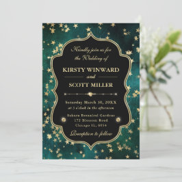 Invitation Elegant Green & Gold Celestial Starry Wedding