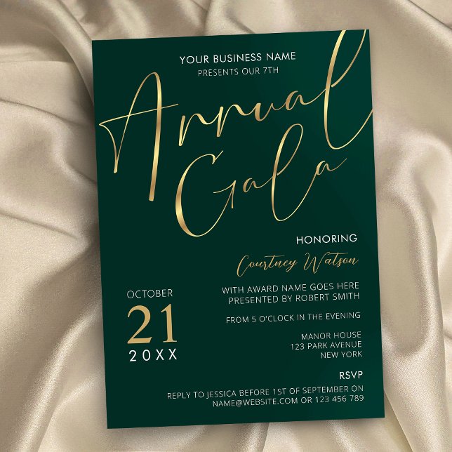 Invitation Elegant Green & Gold Company Event Gala annuel (Emerald green and faux gold business annual gala night invitation with elegant script fonts)