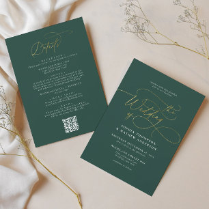 Invitation Elégant Green Gold QR Code Tout en un Mariage