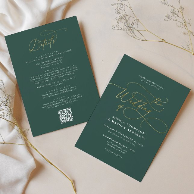 Invitation Elégant Green Gold QR Code Tout en un Mariage (Créateur téléchargé)