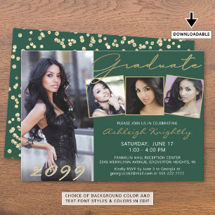 Invitation Élégant Green Gold Script 4 Photo Graduate