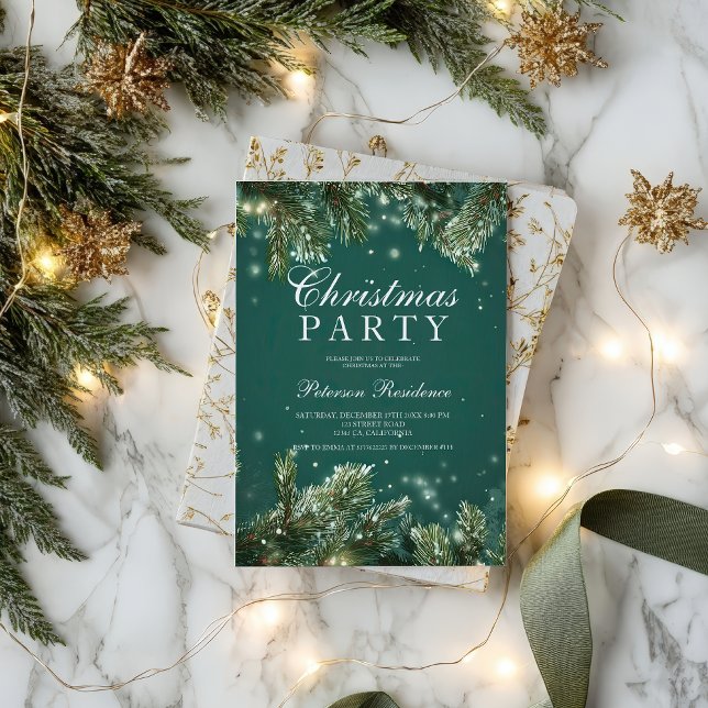 Invitation Elegant green pine snowy Holiday Christmas party (Elegant green pine snowy Holiday Christmas party Invitation)