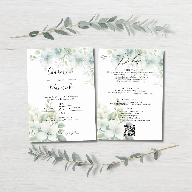 Invitation Elegant Greenery Budget QR code Wedding (Créateur téléchargé)