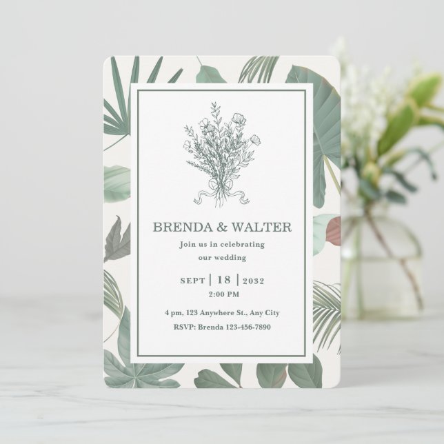 Invitation Elegant Greenery Leaves Botanical Sketch  (Debout devant)