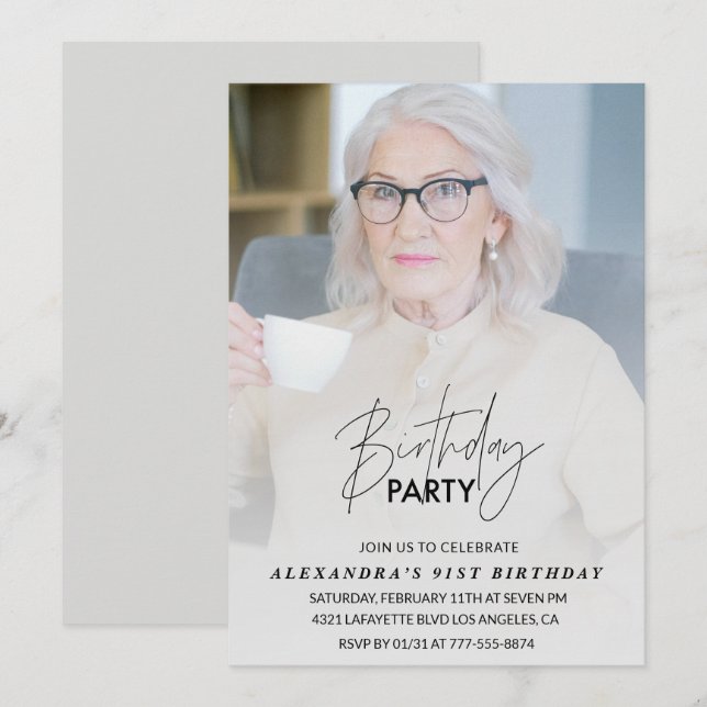 Invitation Elegant Grey Photo 91e anniversaire (Devant / Derrière)