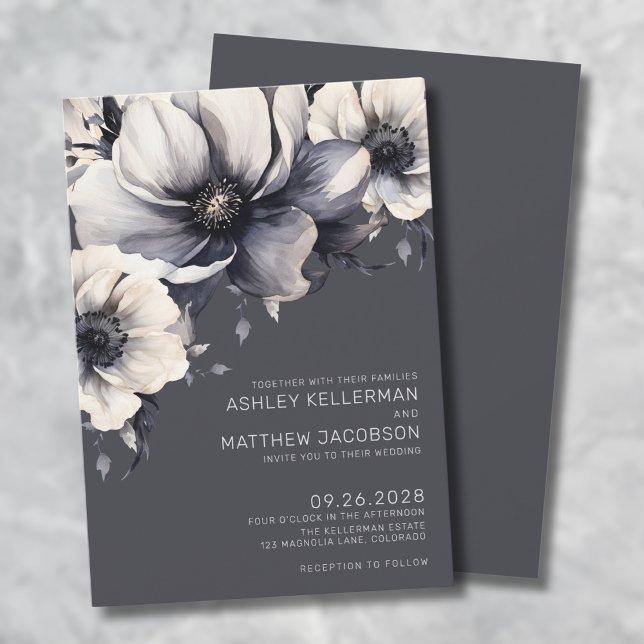 Invitation Elégant gris aquarelle Mariage floral (Elegant Gray Watercolor Floral Wedding Invitation)