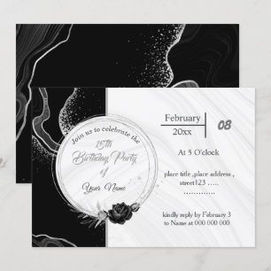 Invitation élégant gris argent et fleurs noires anniversaire