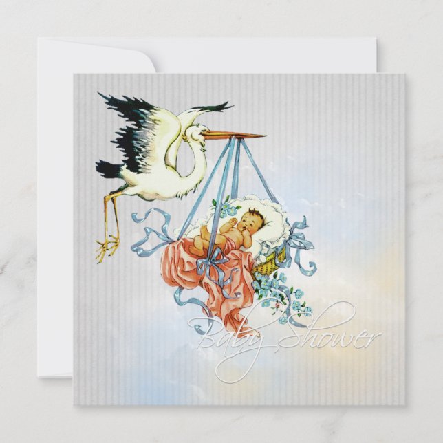 Invitation Elégant Gris Blue Stork Baby Boy Douche (Devant)