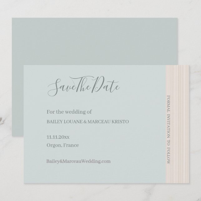 Invitation Élégant Gris De Sage Bleu Enregistrer La Date Mari (Devant / Derrière)