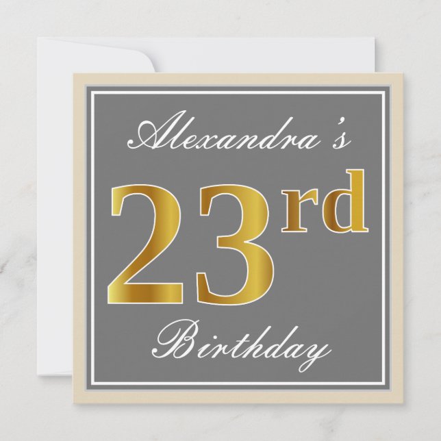Invitation Elégant, gris, Faux Gold 23ème anniversaire + Nom (Devant)