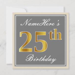 Invitation Elégant, gris, Faux Gold 25e anniversaire + Nom