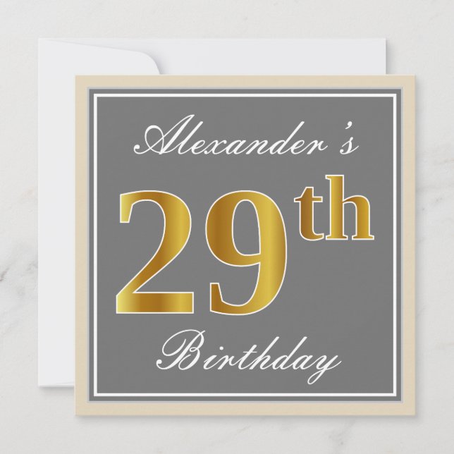 Invitation Elégant, gris, Faux Gold 29e anniversaire + Nom (Devant)