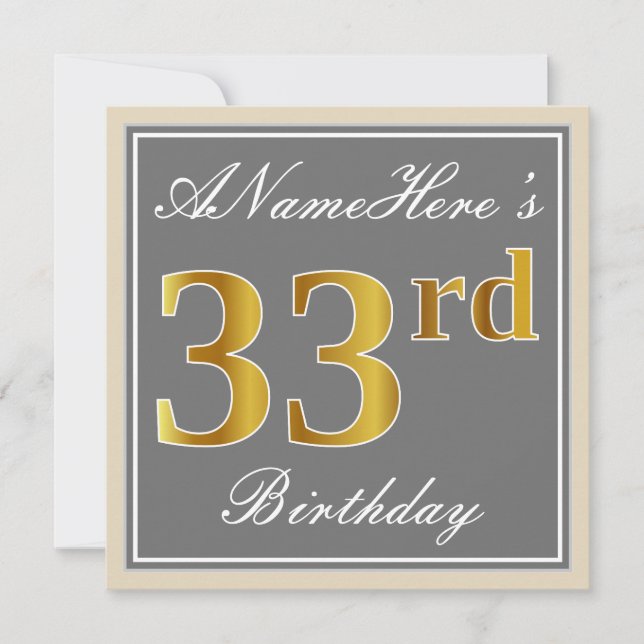 Invitation Elégant, gris, Faux Gold 33ème anniversaire + Nom (Devant)