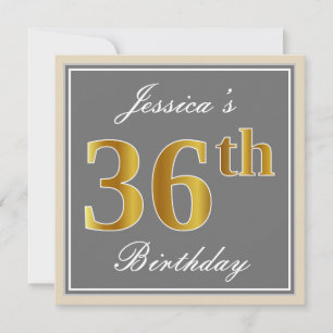 Invitation Elégant, gris, Faux Gold 36e anniversaire + Nom
